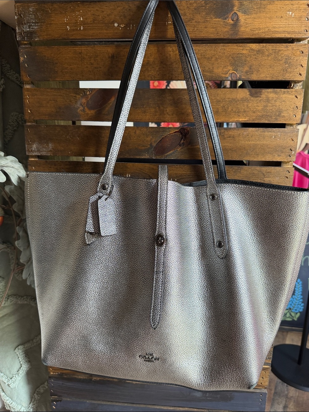 COACH Dark Gunmetal Black Pebbled Leather Market Tote Shoulder Bag
